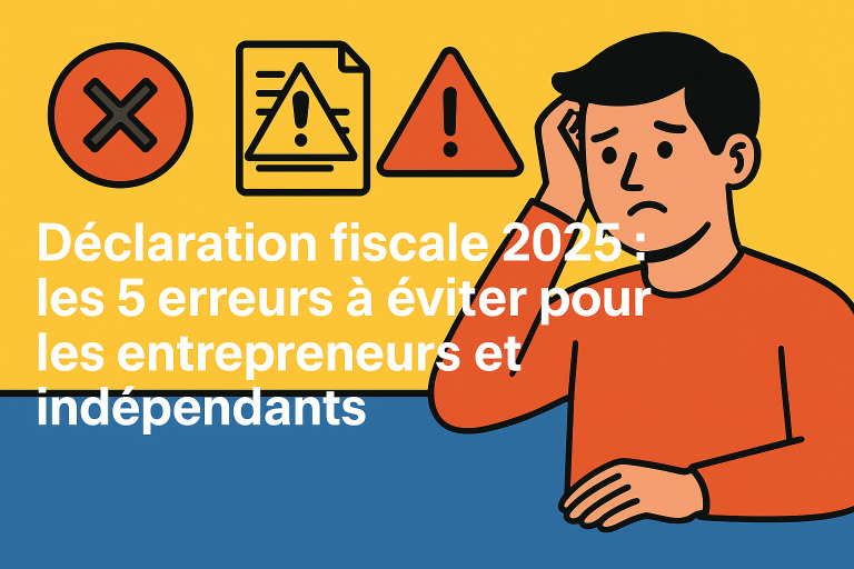 Illustration d’un homme préoccupé à côté de pictogrammes d’alerte, représentant les erreurs fiscales à éviter pour les indépendants en 2025
