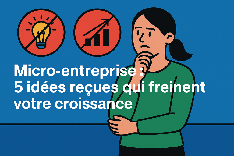 Illustration d'une femme pensive devant deux icônes barrées symbolisant des idées reçues et une croissance bloquée, avec le titre de l'article en surimpression