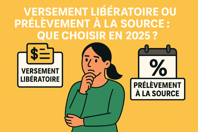 Illustration explicative montrant une femme hésitant entre le versement libératoire et le prélèvement à la source en 2025